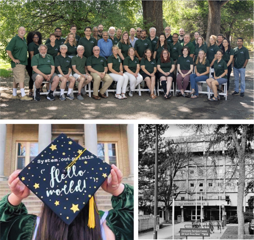 A graphic containing a series of images from the computer science department, including a photo of the faculty/staff of the computer science department, a student wearing a grad cap, and an old photo of the computer science building.